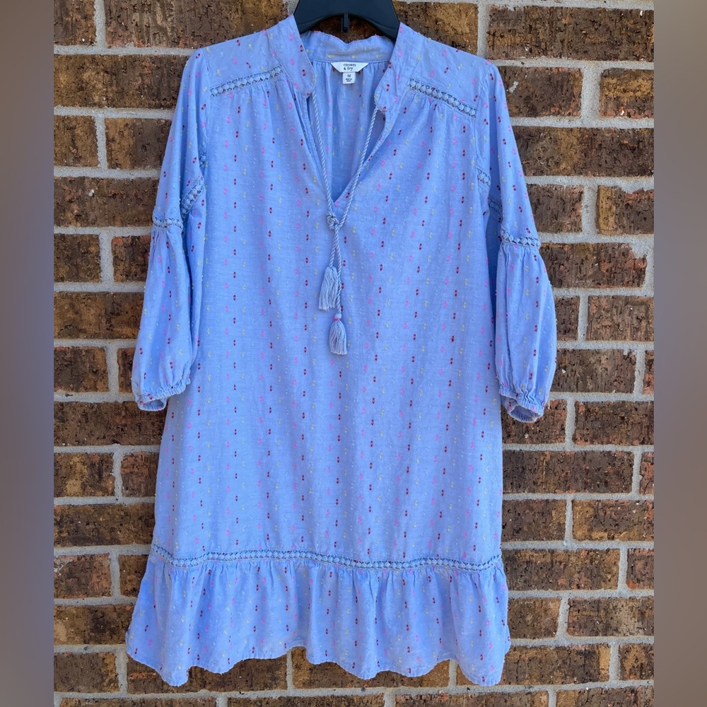 Crown & Ivy Blue Tassel Multicolor Accents Peasant Dress Coverup Sz M Boho